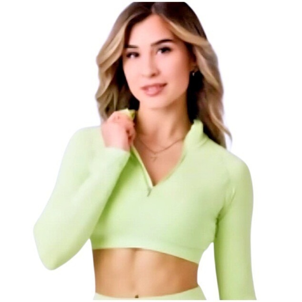 YoungLA W543 Womens Seamless Quarter Zip Long Sleeve Crop Top Lime Green XS NWT